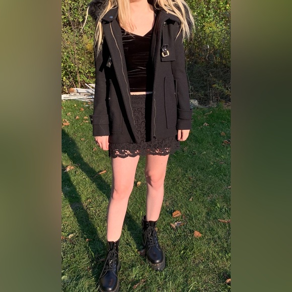 Zara black 75% wool winter jacket coat hood with black fur buckles zipper pocket - Picture 9 of 14